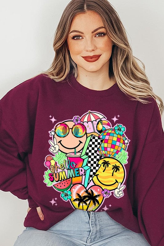 Hello Summer Collage Graphic Fleece Sweatshirts