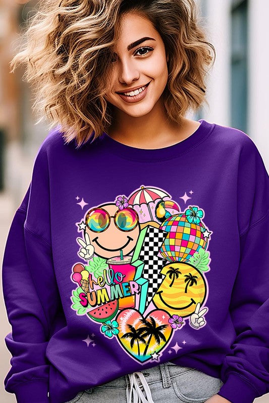 Hello Summer Collage Graphic Fleece Sweatshirts