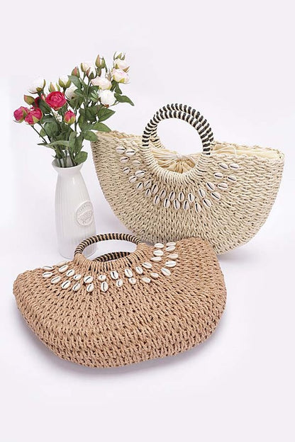 Top Handle Sea Shell Faux Straw Tote Bag