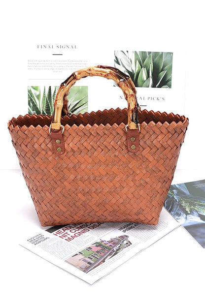 Faux Bamboo Top Handle Weaved Basket Tote