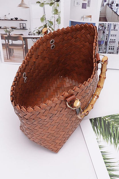 Faux Bamboo Top Handle Weaved Basket Tote