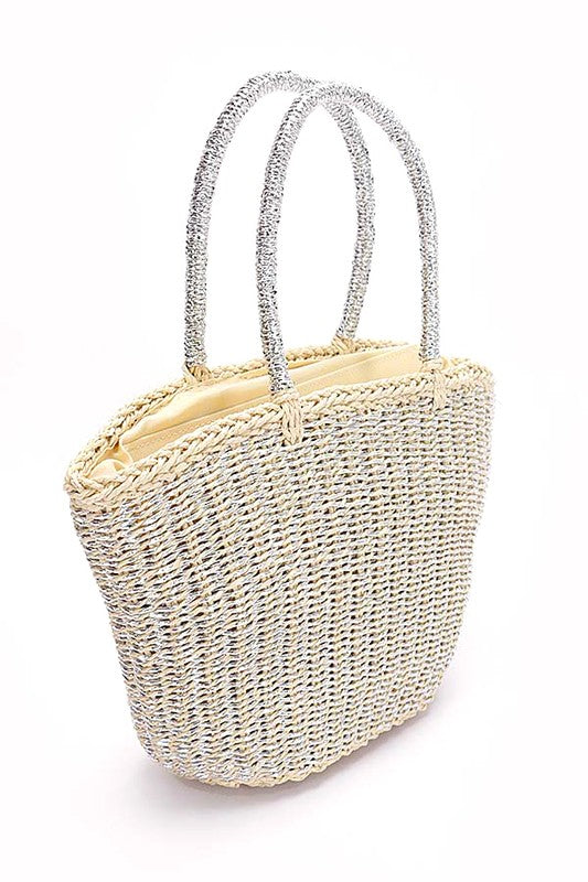 Metallic Faux Straw Basket Tote Bag