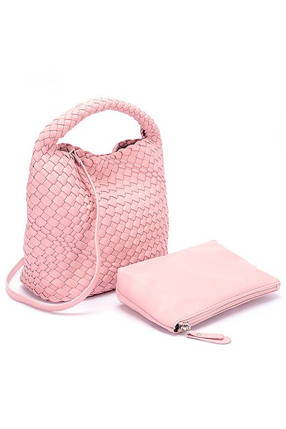 2 In 1 Weaved Faux Leather Top Handle Bag Set