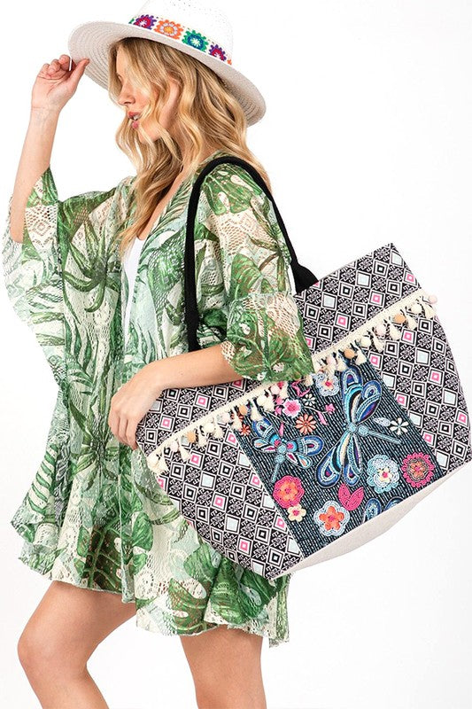 Embroidered Tassel Oversize Fashion Tote Bag