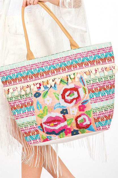 Spring Flower Beaded Embroidered Oversize Tote Bag