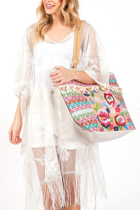 Spring Flower Beaded Embroidered Oversize Tote Bag