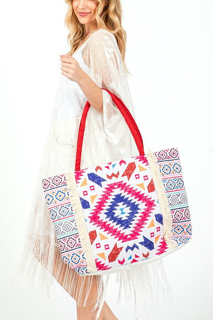 Aztec Printed Embroidered Oversize Tote Bag