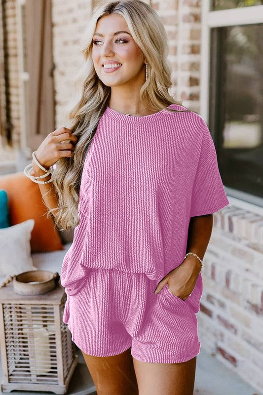 Women Textured Knit Loose Fit Tee and Shorts Set