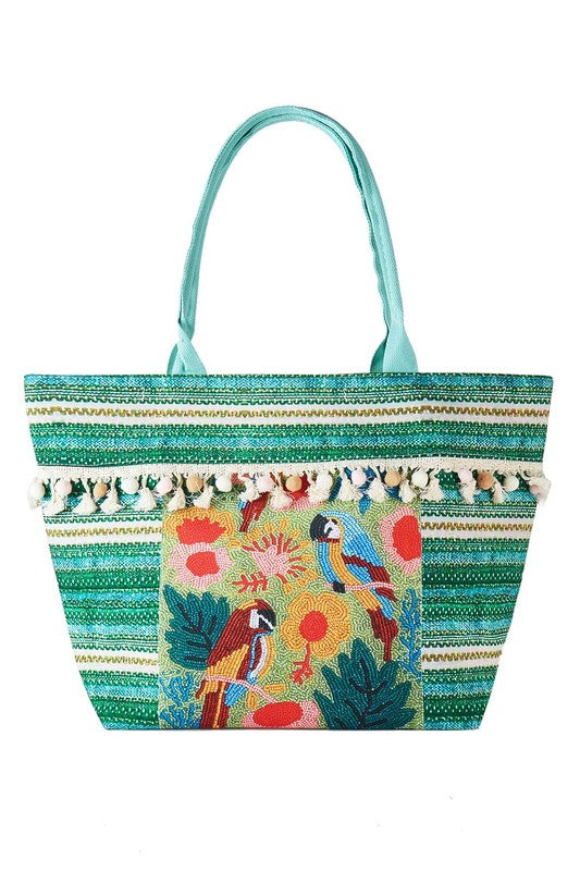 Bird and Tassel Beaded Tote Bag