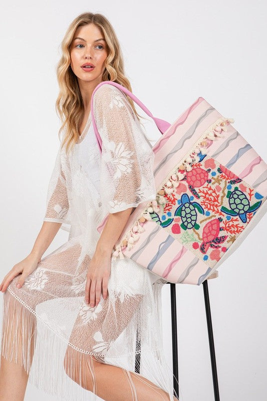 Turtle and Tassel Beaded Tote Bag