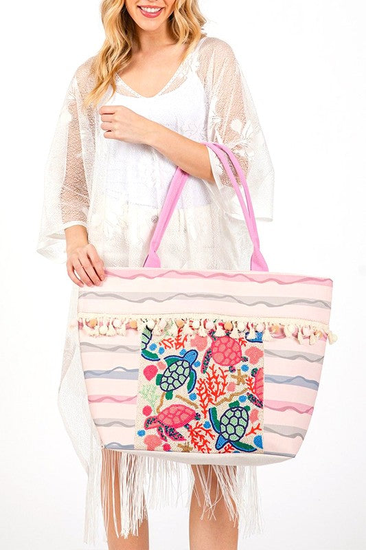 Sea Life Beaded Embroidered Oversize Tote Bag