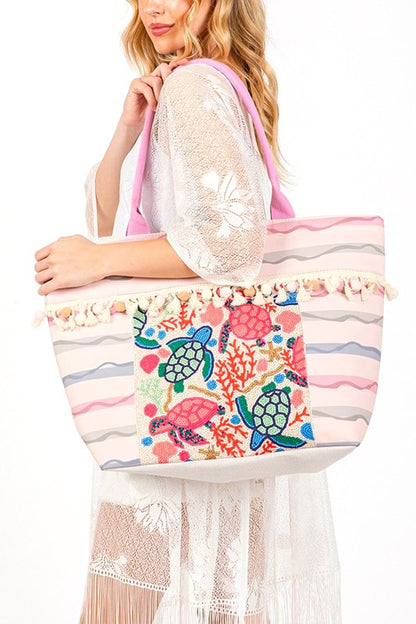 Sea Life Beaded Embroidered Oversize Tote Bag