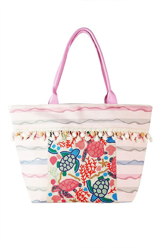 Sea Life Beaded Embroidered Oversize Tote Bag