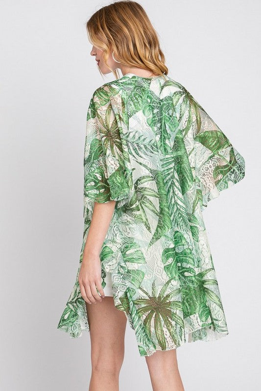 Tropical Leaf Printed Lace Kimono Cardigan