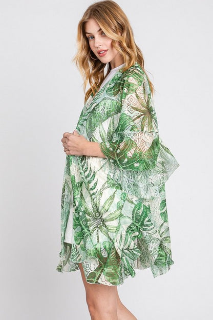 Tropical Leaf Printed Lace Kimono Cardigan