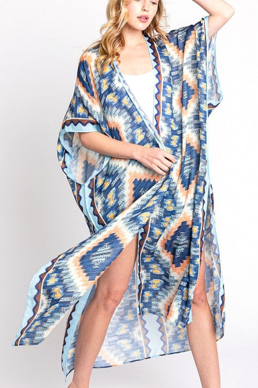 Aztec Printed Long Kimono Duster