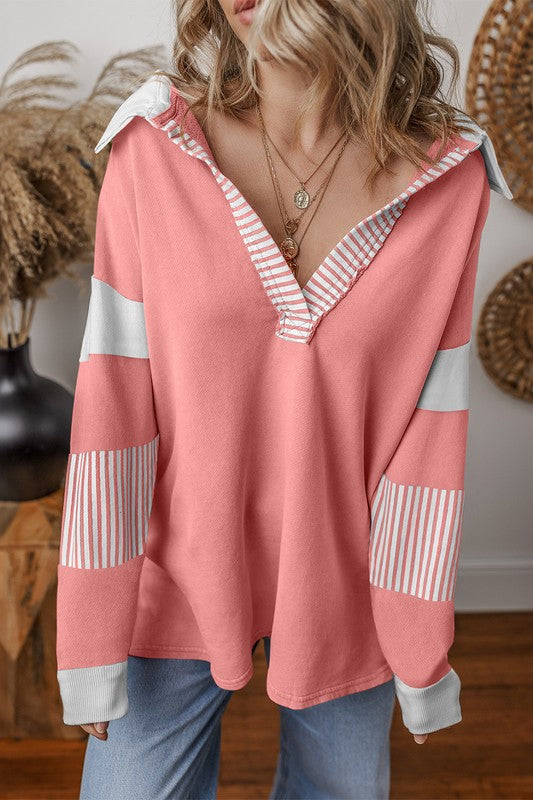 Striped Colorblock Patchwork Collar Sweatshirt