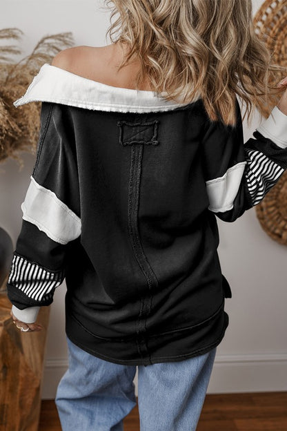 Striped Colorblock Patchwork Collar Sweatshirt