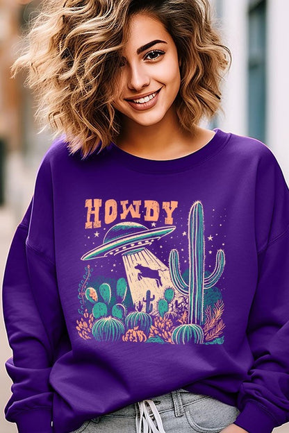 Howdy Cow Abduction Graphic Fleece Sweatshirts