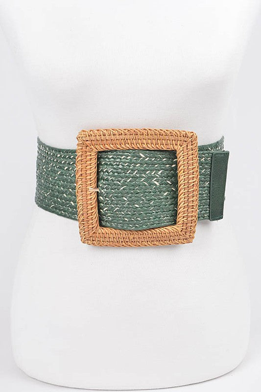 Bamboo Square Buckle Faux Straw Elastic Belt