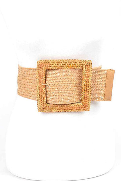 Bamboo Square Buckle Faux Straw Elastic Belt