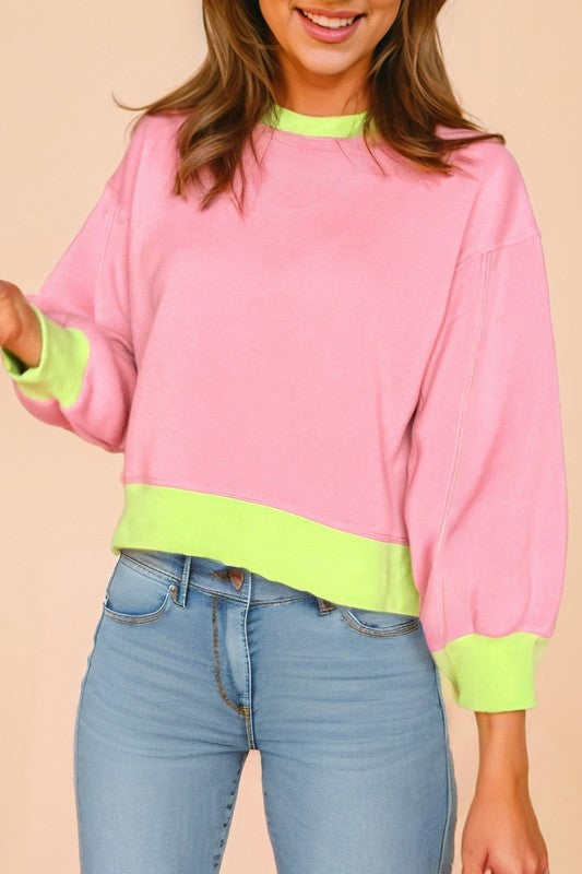 Contrast Trim Bubble Sleeve Sweatshirt