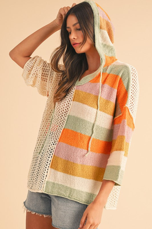 Oversized Colorblock V Neck Hooded Sweater