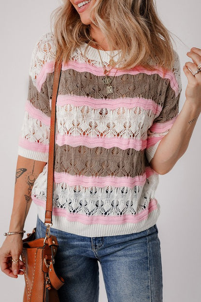 Women Stripe Color Block Half Sleeve Sweater