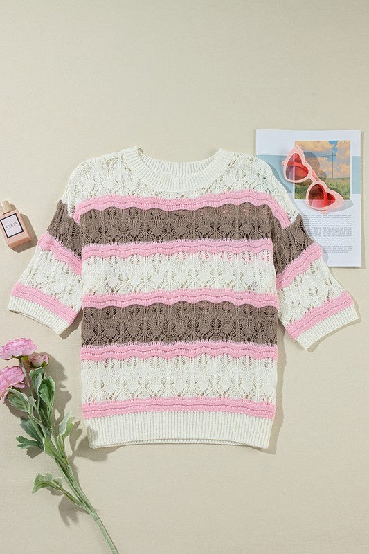 Women Stripe Color Block Half Sleeve Sweater