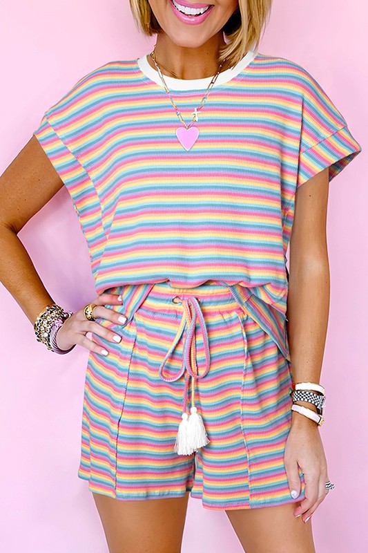 Women Stripe Crew Neck Tee Drawstring Shorts Set