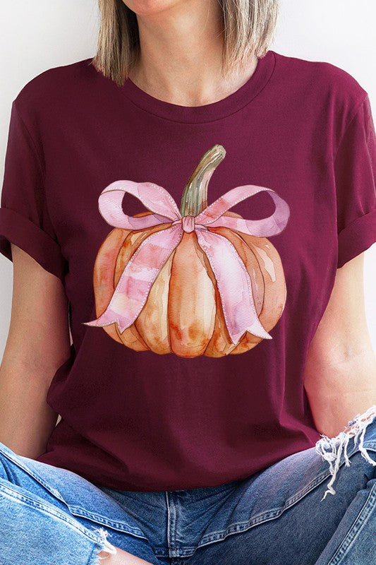 Fall Autumn Pumpkin Pink Bow Graphic Tee