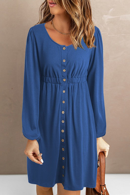 Women Button Up High Waist Long Sleeve Dress