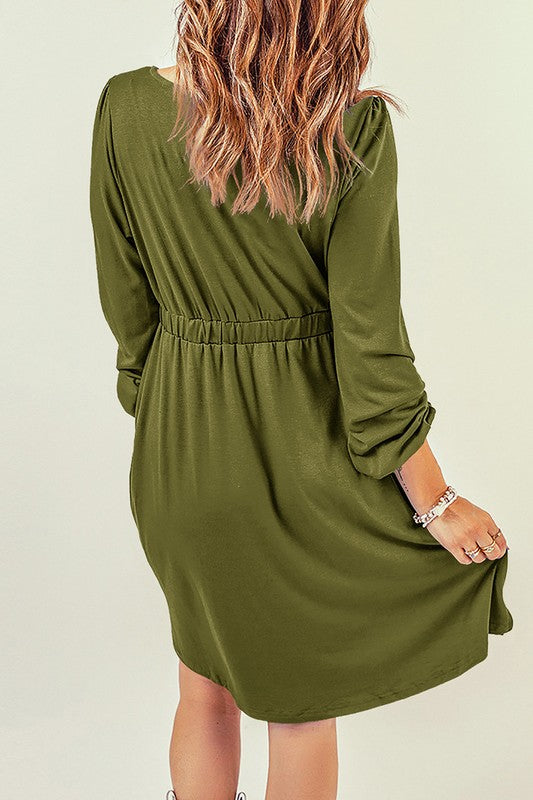 Women Button Up High Waist Long Sleeve Dress