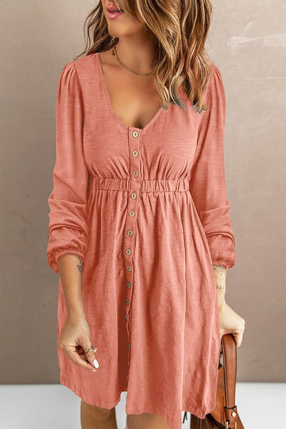 Women Button Up High Waist Long Sleeve Dress