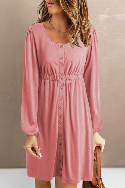 Women Button Up High Waist Long Sleeve Dress