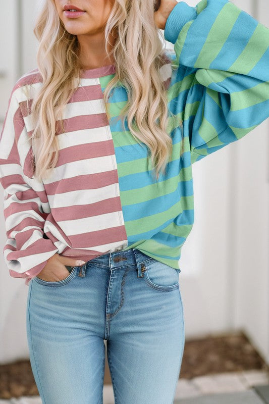 Color Block Drop Shoulder Pullover Sweatshirt