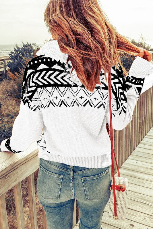 Women Geometry Knit Quarter Zip Sweater