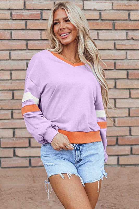 Women Knit Drop Shoulder V Neck Sweatshirt