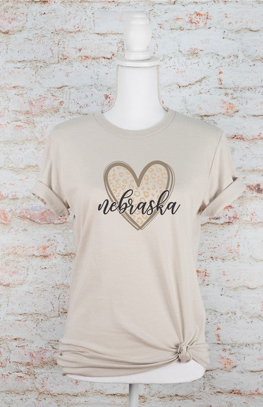 Nebraska Heart Leopard Graphic Crew Neck Tee