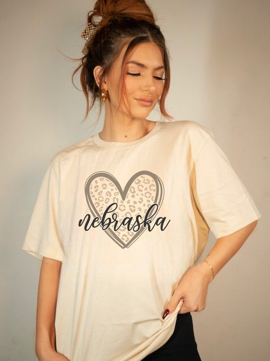 Nebraska Heart Leopard Graphic Crew Neck Tee