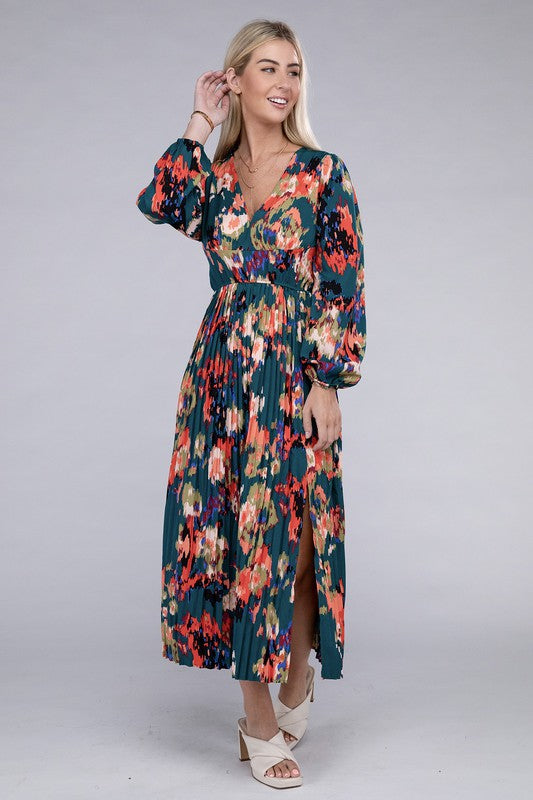 Floral Satin Pleated Maxi Dress