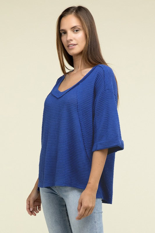 Brushed Waffle Exposed-Seam 3/4 Sleeve Top