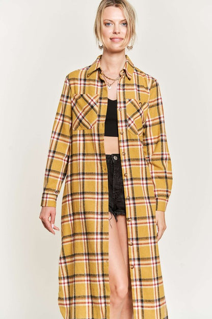 PLAID PRINT COLLAR LONG SHIRT DRESS PLUS