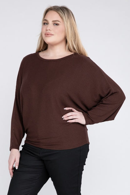 Plus Ribbed Batwing Long Sleeve Boat Neck Sweater