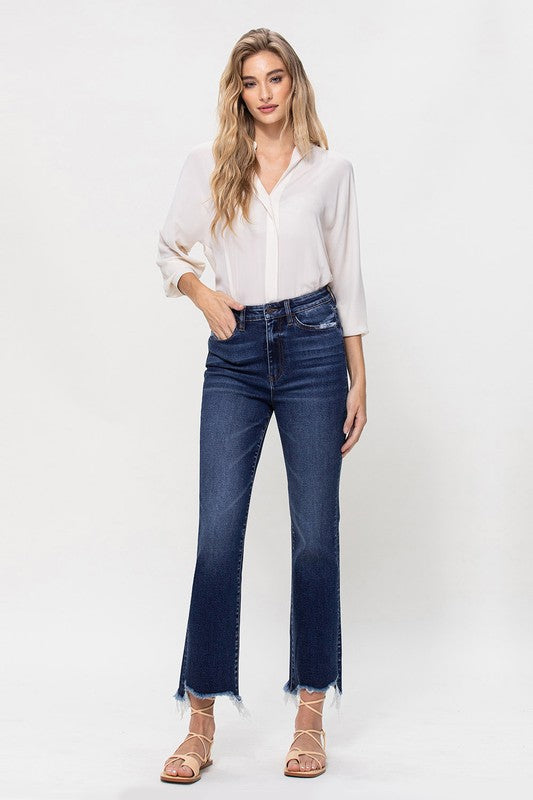 High Rise Distressed Hem Kick Flare Jeans