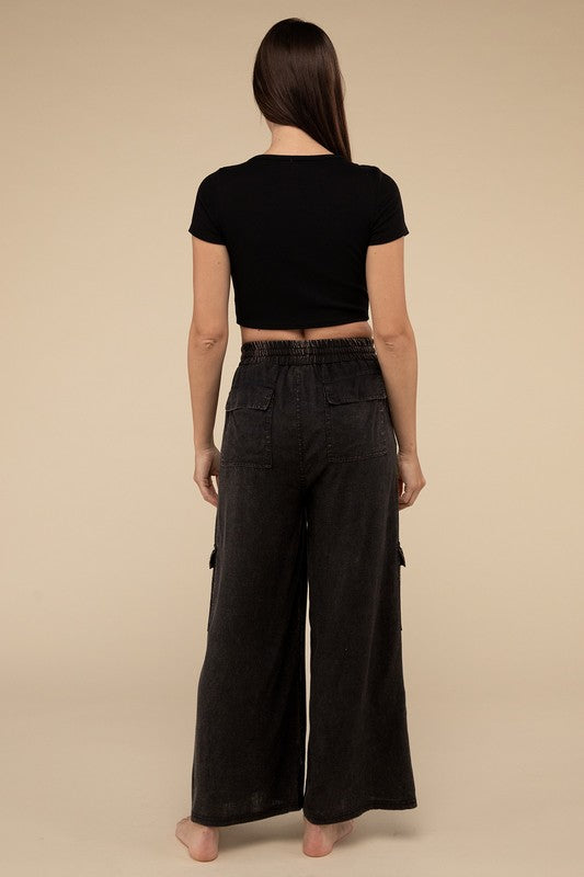 Washed Linen Elastic Band Waist Cargo Pants