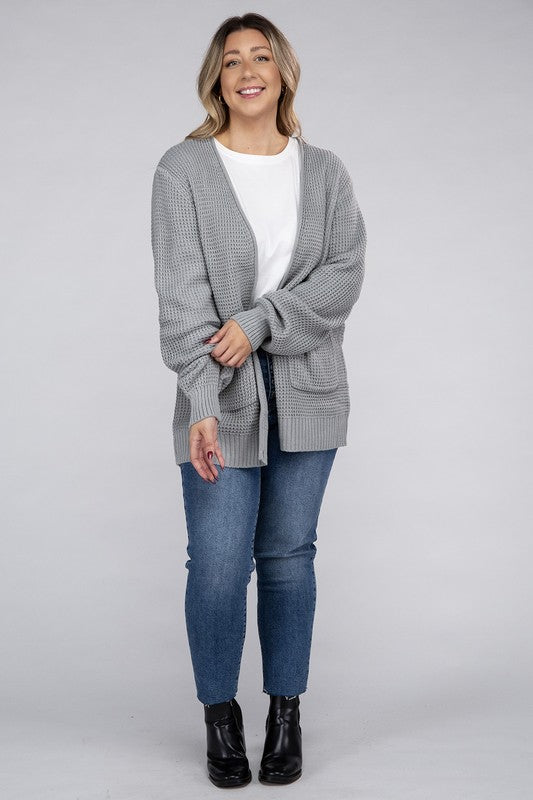 Plus Low Gauge Waffle Open Cardigan Sweater