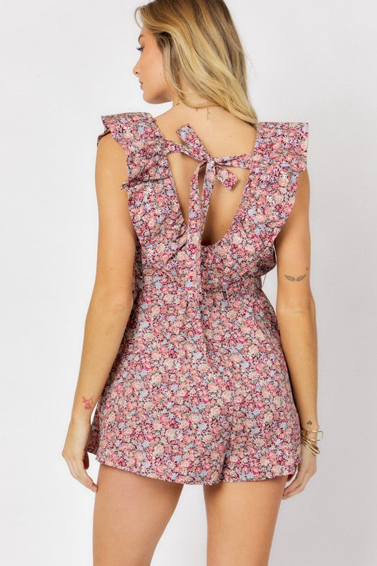 Printed Button Down V-Neck Mini Romper