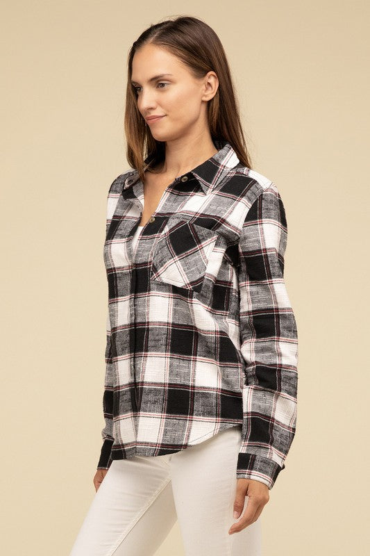 Cotton Plaid Shacket With Front Pocket