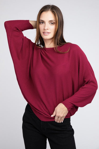 Ribbed Batwing Long Sleeve Boat Neck Sweater